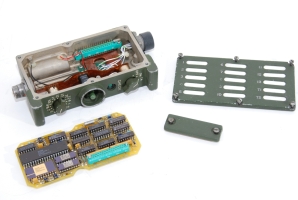 The interior of the device after removing the PCB. The connectors and controls are interconnected with a flex PCB.