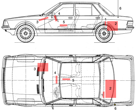 Position of the various components inside a Ford Granada (1984)